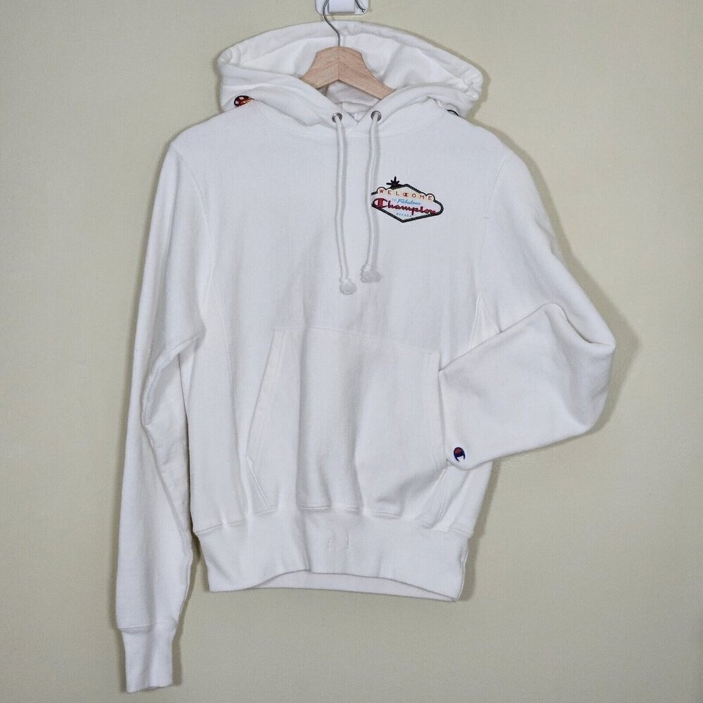 Champion Hoodie Womens XS White Graphic Print Kanga Pocket LS Reverse Weave FLAW